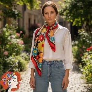 Floral colorful Red Silk Scarf
